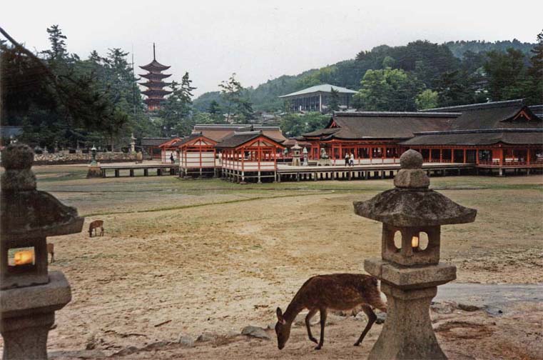 MIYAJIMA: The tide was out and deer were grazing where water normally surrounds the Itsukushima Shrine, which is actually an old palace containing a famous Noh stage. The first palace on this site was built in the latter half of the 6th century, but the current buildings date from 1168. Note the lights in the stone lantern. It was getting late, and they came on as we were walking by. One old man was out clam-digging in the flats.