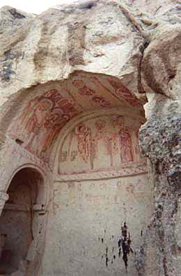 CAPADOCCIA: In some, you'll note that pious Muslim visitors scratched out the eyes of the painted figures so that they no longer violated the proscription against images of living beings.