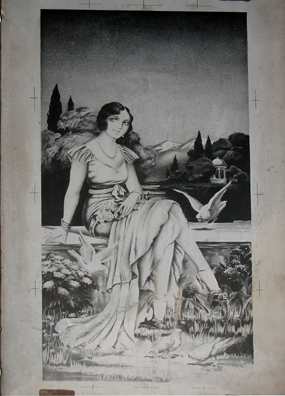 MALAGE: An old engraving block depicting a 20s glamour girl. In Museo de artes y costumbres populares, Mlaga.