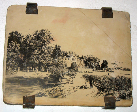 MALAGE: Another decorative printing block, depicting a country scene. In Museo de artes y costumbres populares, Mlaga.