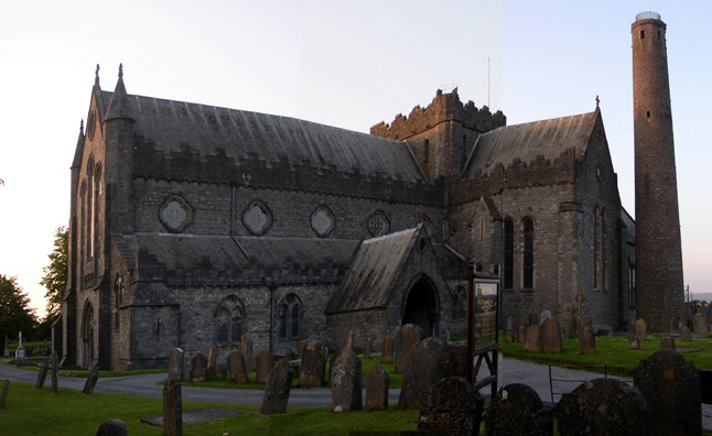 KILKENNY: This composite shot of the 13th-century Protestant St. Canice's Cathedral somewhat distorts the building, but gives a pretty good idea of its layout. The tower beside it may predate the church, having been erected some time between 700 and 1000.