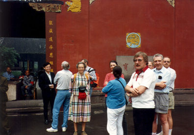 TEMPLE OF DIVINE LIGHT: May 17: Visit to the Temple of Divine Light, a Buddhist monastery training monks for temples all over China. Left to right: Mr. Cai, Doug Hughes, Marina Tolmacheva, Pete Mehringer, Bonnie Frederick, Linda Stone, Paul Lurquin, Terry Cook, Tom Kennedy, Michael Neville.