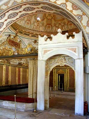 TOPKAPI PALACE: The ornate decor of some of the rooms in the Imperial residential quarters is reminiscent of the splendor of Louis XIV's Versailles; and indeed, some of the later decoration was influenced by European examples. Both the Byzantines and Ottomans kept their rulers in isolation with their families. The Harem was forbidden to all adult males except the Sultan (the Nubian eunuchs who guarded it were kept outside its doors and passed food and supplies in without entering). It was no Playboy Mansion, but the Imperial residence. Of course it's true that most of the Ottoman rulers wildly exceeded the Qur'anic limit of four wives as well as keeping numerous concubines--a fact that endlessly intrigued Europeans. They never married Turkish women, not wanting to create ambition in rival famiies which might marry into the Imperial line. The consequence was that the later Ottoman sultans were essentially non-Turkish in ancestry.