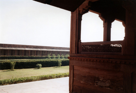 Note the delicate pierced screen, carved of red sandstone, like the rest of the building. Fatehpur Sikri was built by the Emperor Akbar as a new capital of the Mughal Empire, but was occupied only from 1570 to 1586.