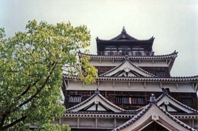 HIROSHIMA: Detail showing the towering donjon fortress of Hiroshima Castle. May 19, 1998