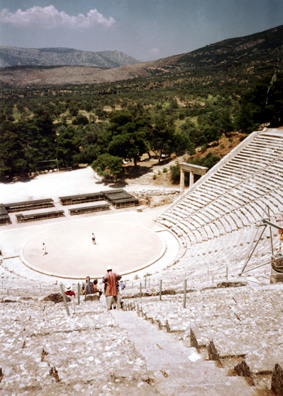EPIDAURUS: The theater at Epidaurus, remarkably well preserved, so much so that it is still used for performances of ancient Greek dramas. The acoustics are famous, with a very moderate voice from the center of the stage easily audible in the highest seats.