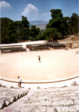EPIDAURUS: Paula and Paul performed part of the opening scene of Aeschylus' Agammemnon, the first play in the Oresteia trilogy. Despite appearances, our whole audience didn't walk out.