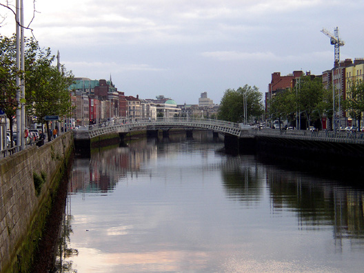 DUBLIN: The River Liffey, which runs through Joyce's works as much as it runs through Dublin, has been somewhat cleaned up in recent years, though one day while we were there it smelled strongly of sewage. Not a place to go fishing or swimming, but picturesque in the sunset as we look toward the Ha'penny Bridge, where pedestrians used to be charged a halfpence coin to cross.