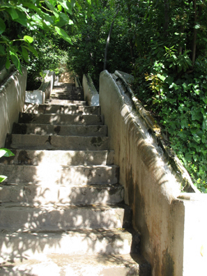 ALHAMBRA: The Escalera del Agua (water staircase) whose handrail contains a ridged groove through which water flows and keeps up a refreshing sound in the garden of the Generalife.
