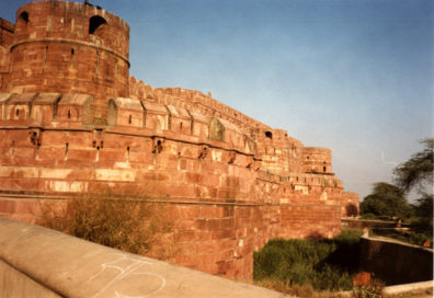 Next we went to the massive Red Fort of Agra, built by Shah Jahan, from which he could view the Taj Mahal, memorial to his beloved queen, from the room where he was imprisoned by his usurper son, the cruel and puritanical Aurangzeb, in 1658.