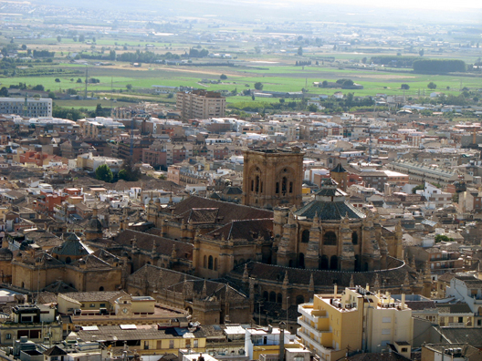 ALHAMBRA: View of the Granada cathedral from the top of the tower. This is the view defenders would have had of attackers heading for the Alhambra.