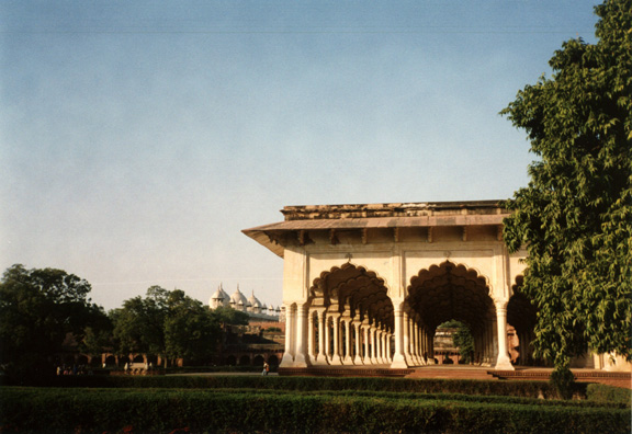 In this climate, a royal reception hall without walls makes sense. Built of white marble for Shah Jahan across the river from the Taj Mahal. 17th c.