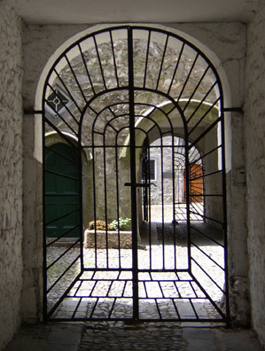 KILKENNY: Tudor Rothe House was closed when we were there, but we were able to look through the gated entrance, across the street from the Tholsel.