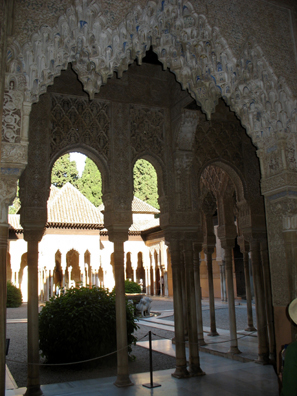ALHAMBRA: View through arches of entrance to the Patio de los Leones.