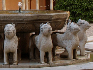 ALHAMBRA: They weren’t spitting because they were undergoing restoration. As everyone notices, they are pretty crude approximations of the real thing; the Muslim artisans were experts at abstract design, but novices at depicting living animals, usually avoided for religious reasons.