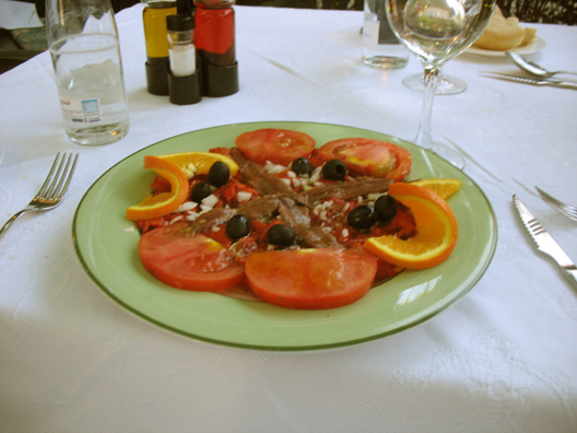 ALHAMBRA: We decided to dine outdoors at the elegant Restaurante La Mimbre just outside the Alhambra’s gates. Paul had this artistically arranged (and delicious) plate of anchovies and vegetables as his appetizer. A great ending to a memorable day.