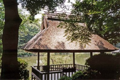 HIROSHIMA: The Y-y Tei, a platform for viewing the garden on the edge of the pond.