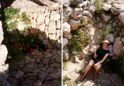 MYCENAE: Paula resting among the flowered rocks near the cistern entrance.