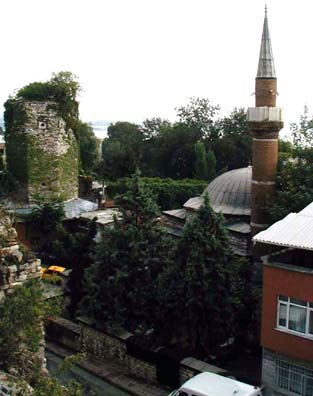 ISTANBUL: The view from the hotel roof included the ruins of the old hamam (Turkish bath) next door and the minaret of the neighborhood mosque. In the distance you can glimpse the waters of the Bosporus.
