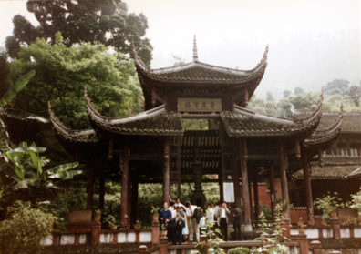 BUDDHIST MONASTERIES: Throughout the mountains, saw people swimming, washing clothes in the river. All that day we passed rice paddies filled with busy peasants densely dotted over the countryside, giving us a real grasp of the enormous rural population of China. Then we visited more Buddhist temples, among loud groans from some in the party, complaining about Buddha overload. Learned there were 150 monks for 25 local monasteries.