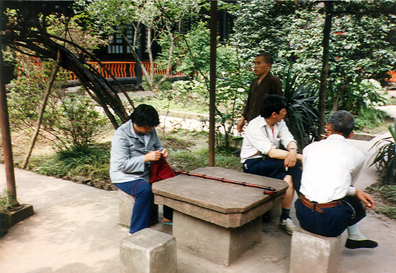 LESHAN: In Leshan, we strolled around the streets, seeing women knitting everywhere (and everywhere in China), using three bamboo needles.