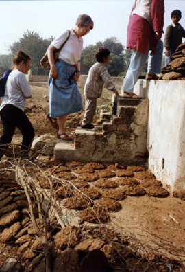 Margaret Andrews climbs the stairs to the local well in a village north of New Delhi. Hand-shaped dung patties are drying on the ground and stacked up on the platform ready to be used as fuel for cooking fires.