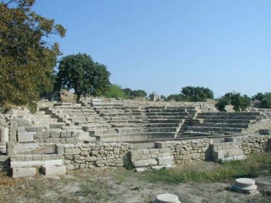 TROY: The most recent layer excavated so far is Troy IX (54 BCE-600 CE), built by the Romans. This is their Odeum, a small theater for musical performances.