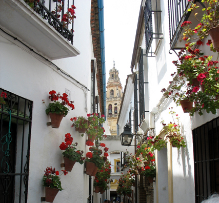 CORDOBA: A typical street in the old city with a distant view of the bell tower of the Mezquita.