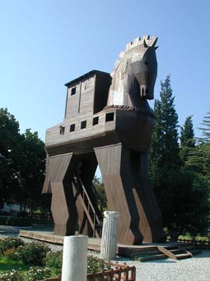 TROY: Tourists love posing in this hokey Trojan Horse at the entrance to the site, replica of a probably mythical artifact (that's Paula's head sticking out of the rearmost window).