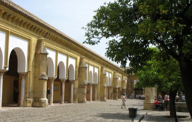 CORDOBA: The Mezquita is the fabulous Córdoba mosque, the only one remaining more or less intact from the Moorish era in Spain. This is the Patio de los Naranjos (“patio of orange trees”); but in Moorish times it would have been planted with palms, and the fountains there would have served for ritual ablutions before prayer. Now crowds gather to wait for their guided tours.