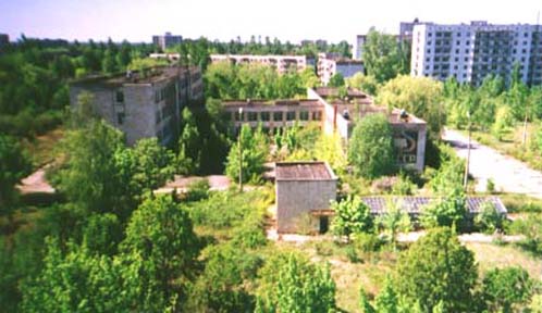 High School No. 1 in the center (Sasha's school). Multi-level high school buildings surrounded by overgrown trees and foliage. 