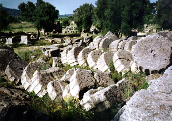 OLYMPIA: It takes a good deal of imagination to reconstruct these tumbled ruins, but the stacked "drums" of the fallen pillars made their own aesthetic statement.
