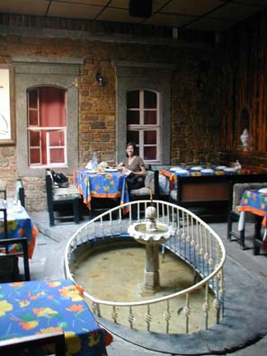 BERGAMA: The dining room of the restaurant is a roofed-over former courtyard, with a fountain in the center. The place was empty and looking a little forlorn when we showed up; but the waiter was very friendly, and the food fabulous. Staff and friends were watching a Turkish folk music special on TV. We liked the Pergamum Restaurant so much we ate there twice, inviting a woman traveling by herself who was staying at our hotel to join us.