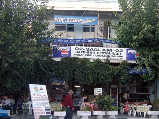 BERGAMA: aglam Restaurant no. 2 provided us with a tasty lunch. "Kebap" means "shish-kebabs"--skewered meat chunks, always grilled to order, so be prepared to wait a bit. "Pide" is "pita" and is pronounced the same way. If you like gyros you'll like pides.