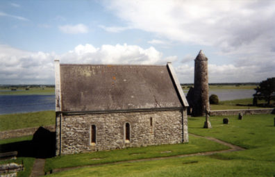 CLONMACNOISE: The smaller churches on the site are called "temples." This is the Temple Finghin and its tower, with the River Shannon running in the background.