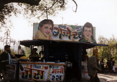 This stand's splashy decoration resembles the ads for Bollywood movies.
