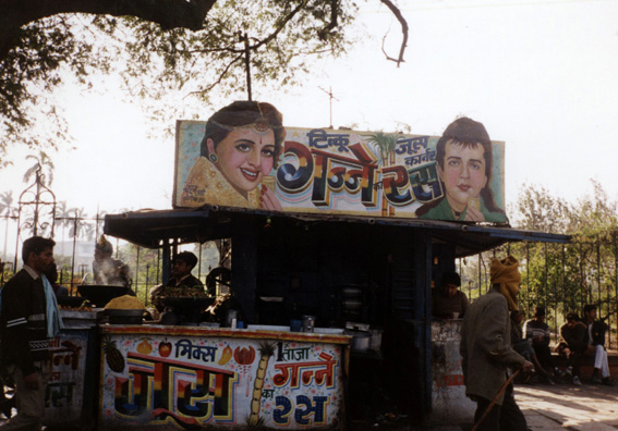 This stand's splashy decoration resembles the ads for Bollywood movies.