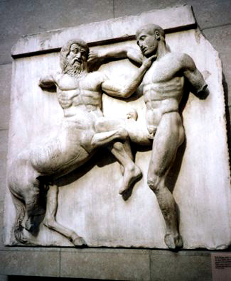 ELGIN MARBLES: The serene classicism of the Parthenon was decorated by the wild violence of a frieze depicting the battle between the Lapiths and Centaurs; doubtless reflecting the Athenians' claims to having triumphed over barbarism.