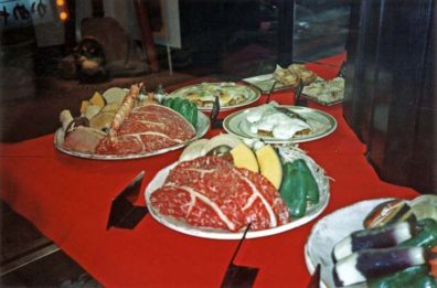 NARA: May 22: Since we had to wait for our train to Kobe, we spent some time exploring the food displays in a department store connected to the Kyoto train station. Here are expensive melons, lavishly presented.