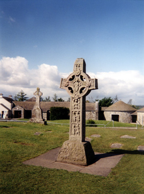 CLONMACNOISE: Clonmacnoise features a number of high crosses, the finest of which have been removed to the safety of the attached museum, with replicas installed outdoors. -REPLICA