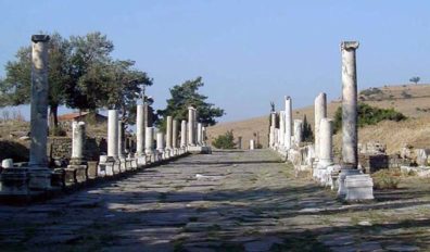 ASCLEPION: The ancient city of Pergamum first became famous because of its temple to Aesculapius, the Greek god of healing. It prospered under the famous physician Galen (131-210 CE) who was born here and worked as a physician to the city's gladiators. The grand colonnaded entry to the Asclepion would have been as thronged with visitors seeking healing in ancient times as Lourdes is today.