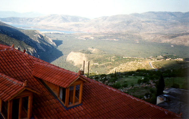 DELPHI: The view of the gulf from the balcony of our hotel in Delphi. Later we were serenaded throughout dinner by a pianist/vocalist running methodically through a collection of cheesy movie music.