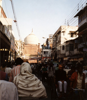 The largest mosque in India is the Jami Masjid (Friday Mosque) in the old part of Delhi. Built by Shah Jahan, 1650-66. Photograph made from a pedicab going through the streets nearby. That evening, Terry and our family had dinner and visited with Vijay and Sarita Aggarwal in a Delhi suburb--old friends from their time in Pullman. Our inexperienced taxi driver had a terrible time finding the address, but we had a very pleasant evening's conversation. Like all the Hindus we spoke with, Vijay insisted that the recent "communal" violence had been the product of unscrupulous manipulation by politicians and that Muslims and Hindus still regarded each other as friends. We did not get to hear any Muslim opinions; but clearly educated Hindus were deeply ashamed of the violence, though a few showed signs of not entirely disapproving of the goal of tearing down some major mosques to rebuild ancient temples: they just wanted it done peacefully. Indian unity still seems a long way off.