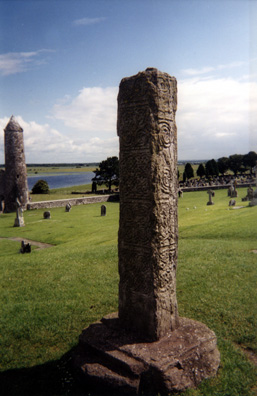 CLONMACNOISE: The North Cross, of which only the shaft remains, dating from c. 800.