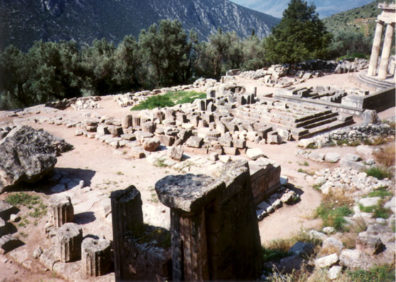 DELPHI: Across the road and down the hillside from the main site at Delphi lie the gymnasium and--beyond it--the Temenos of Athena Pronaia (c. 500 BC).