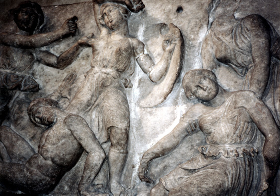 ELGIN MARBLES: It is remarkable that many classical temples are decorated with war scenes. The Athenians in particular were a combative bunch. Here the reliefs from Bassae depict a favorite theme: the triumph of the Greeks at Troy over the fierce Amazons. Greek men seem to have been terrified that if they let women run loose, they would run amuck.