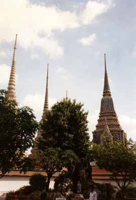 Wat Po Buddhist Temple compound, a remarkable labyrinth of mausoleums and temples dedicated to Thailand's royal family.