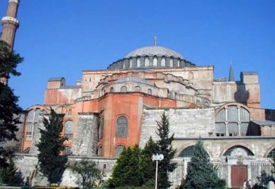 HAGIA SOPHIA: This famous domed church was built by designs by Anthemios of Tralles and Isidoros of Miletus at the orders of the famous Emperor Justinian (527-565 CE). It remained perhaps the most imposing church in Christendom until the Renaissance, and it contained the largest dome in the world during that period.