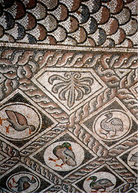 DELPHI: Detail of a Roman-era mosaic in the courtyard outside the Delphi Museum