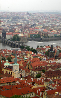 PRAGUE: From the bell tower of St. Vitus Church. In the center, the Charles Bridge, and beyond, Nove Mesto.